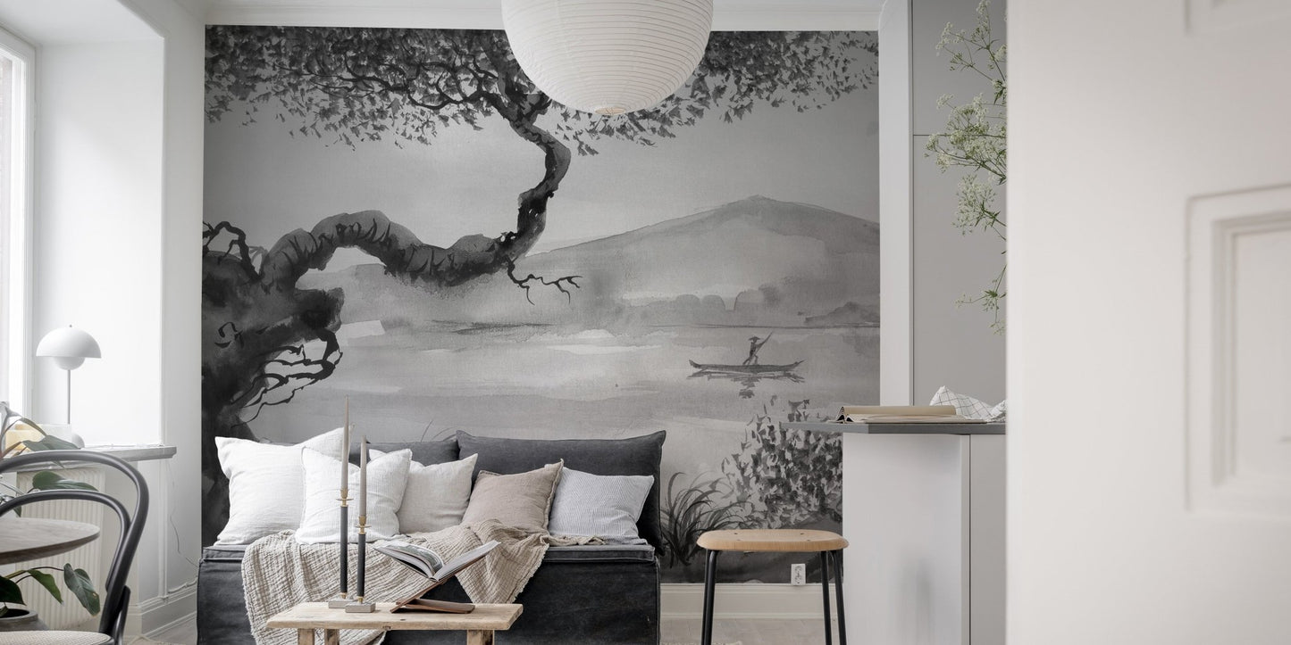Feature wall mural with a bonsai style tree and lakeview silhouettes in a flat.