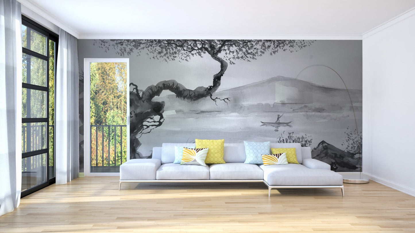 Minimalist living room featuring a grey lakeview wall mural behind a white sectional sofa.