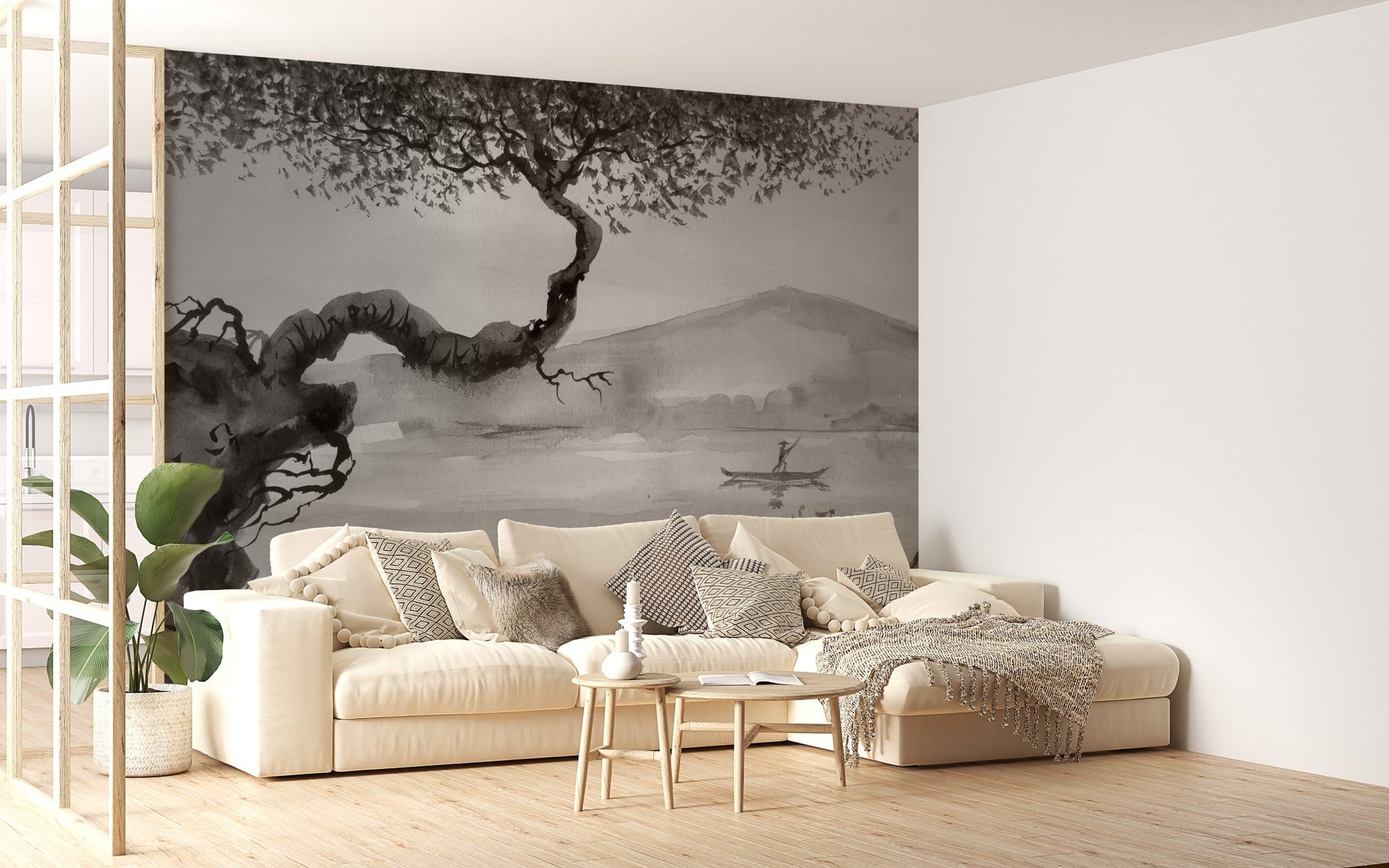 Reflective Brushstrokes Lakeview Wall Murals in a sunlit room with a cream sofa.