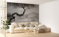 Reflective Brushstrokes Lakeview Wall Murals in a sunlit room with a cream sofa.