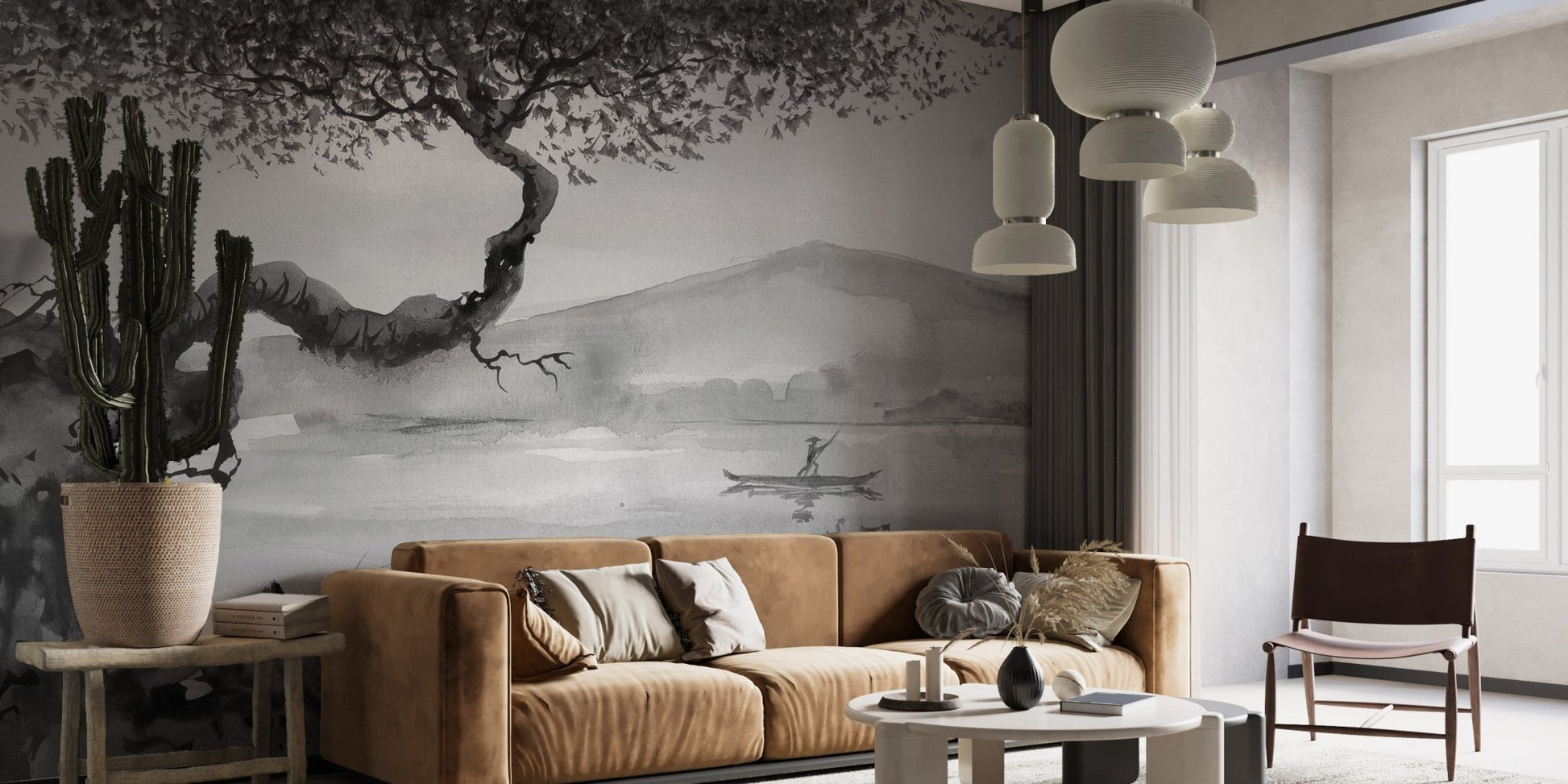 Large grey lakeview wall mural in a bright living area with tan leather seating.