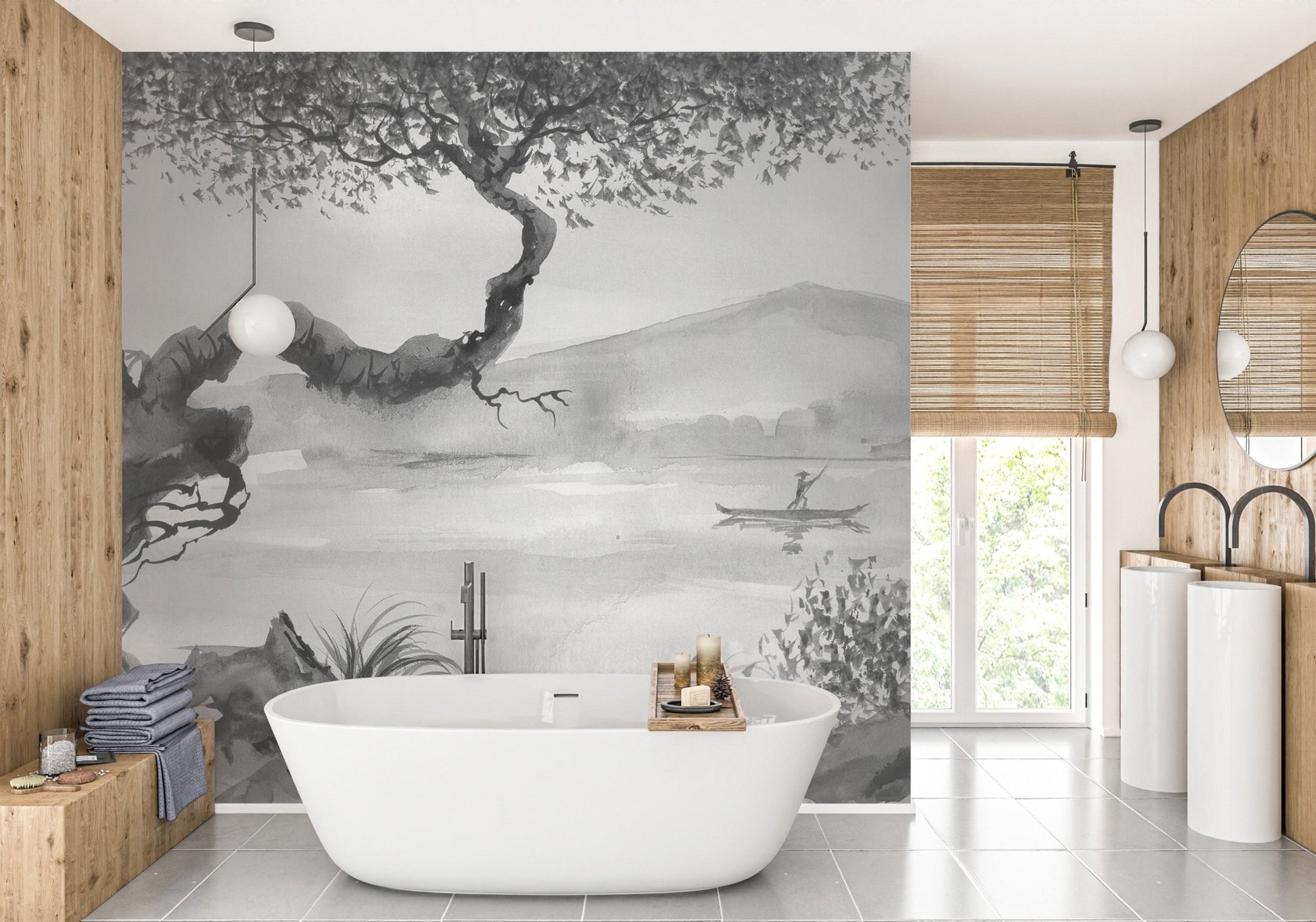 Brushstroke wall mural with a misty mountain design behind a white freestanding tub.