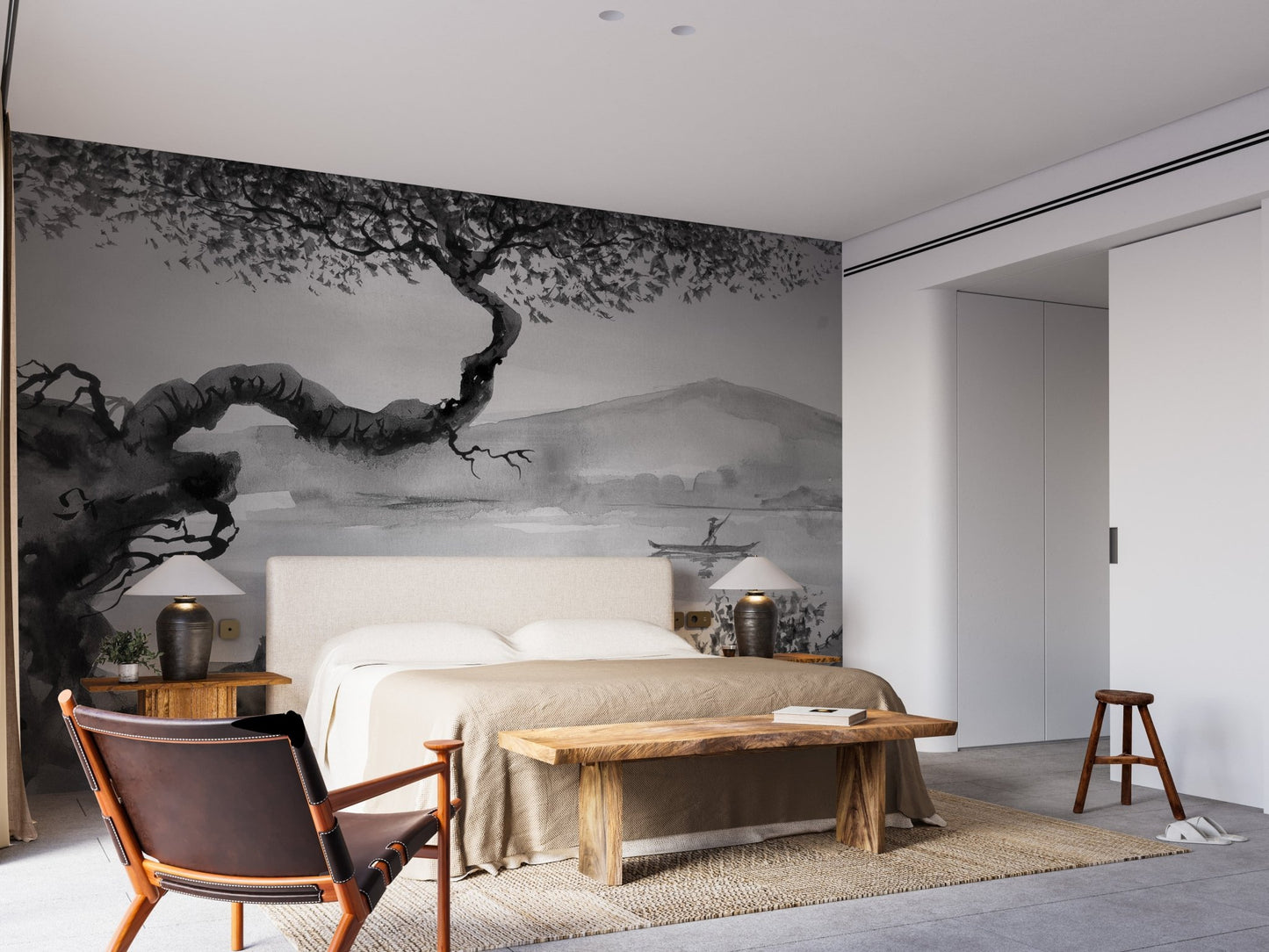 Reflective Brushstrokes Lakeview Wall Mural in a spacious bedroom with a wooden bench.