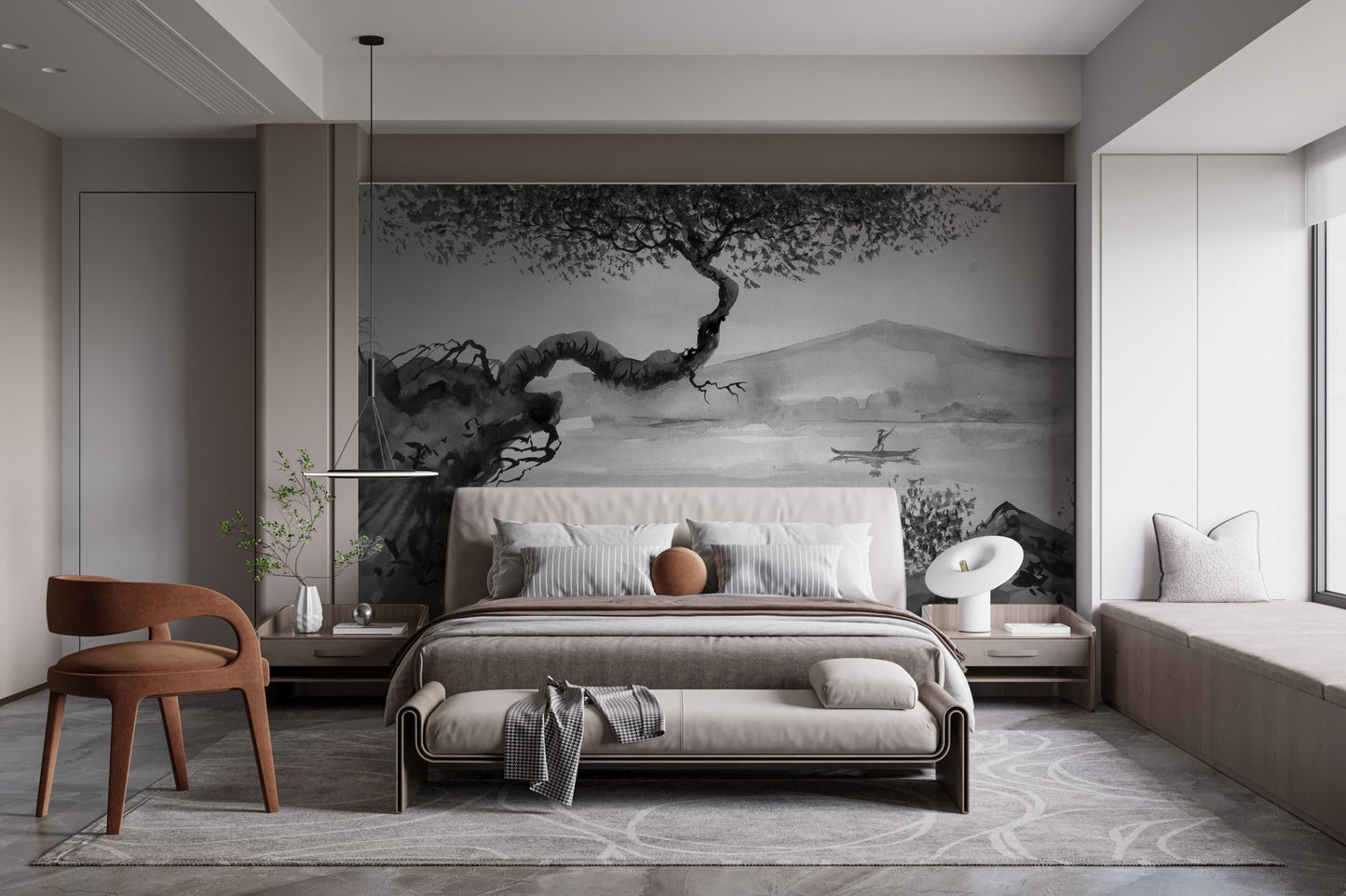 Reflective Brushstrokes Lakeview Wall Murals in a modern bedroom with a brown chair.