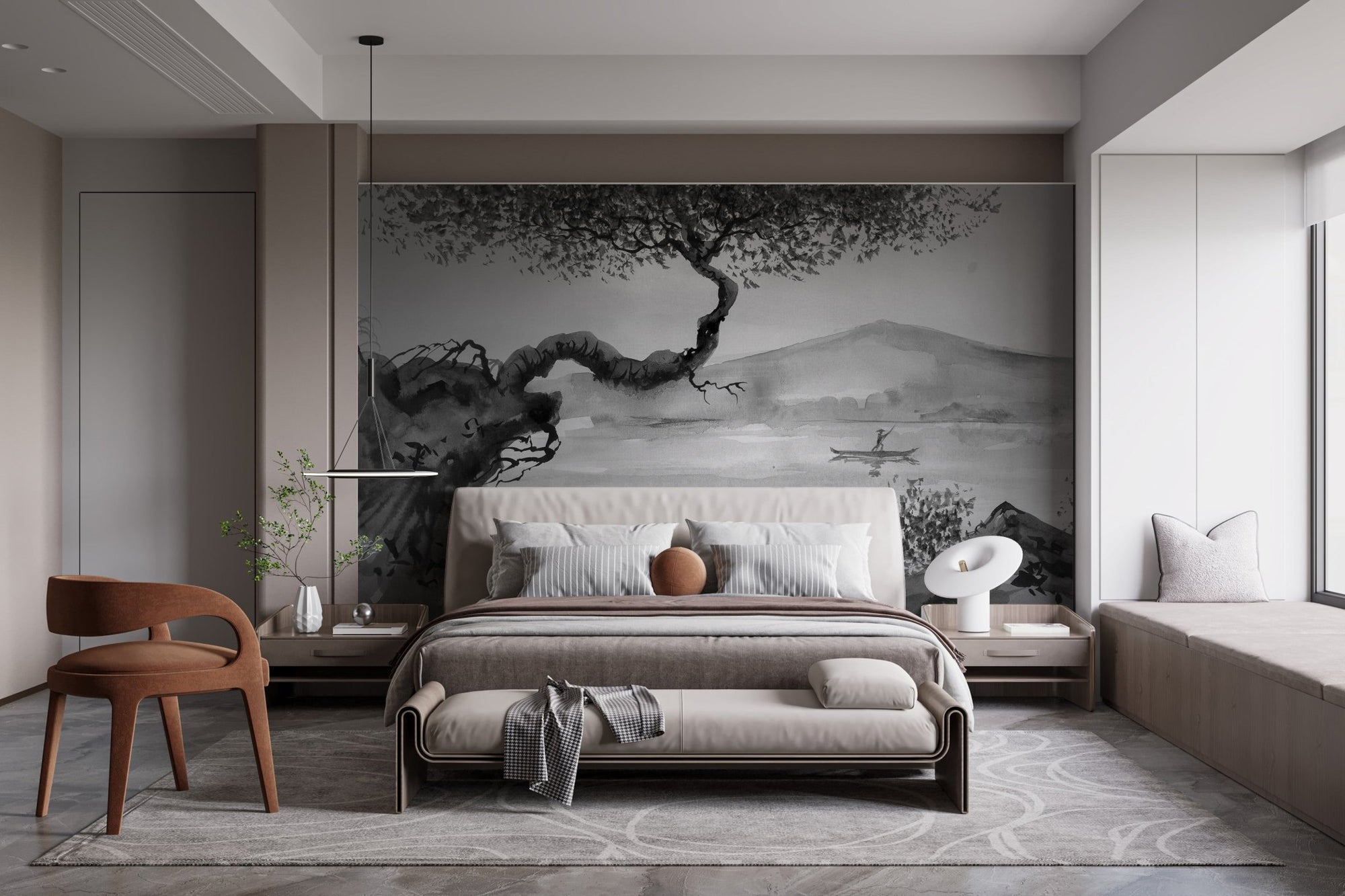 Reflective Brushstrokes Lakeview Wall Murals in a modern bedroom with a brown chair.