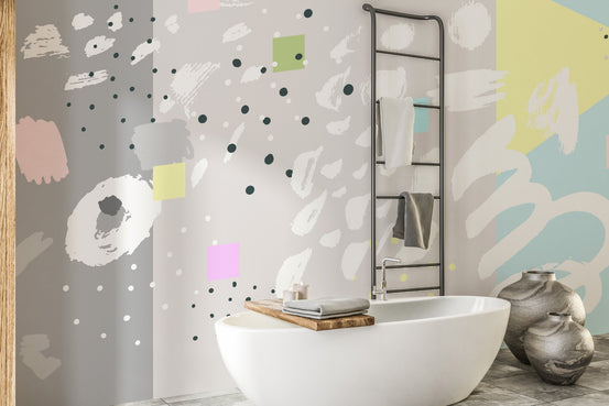 Waterproof wall mural in bathroom featuring white bathtub and shelving unit