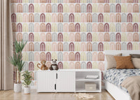 Abstract patterns wallpaper in a bedroom with a teepee