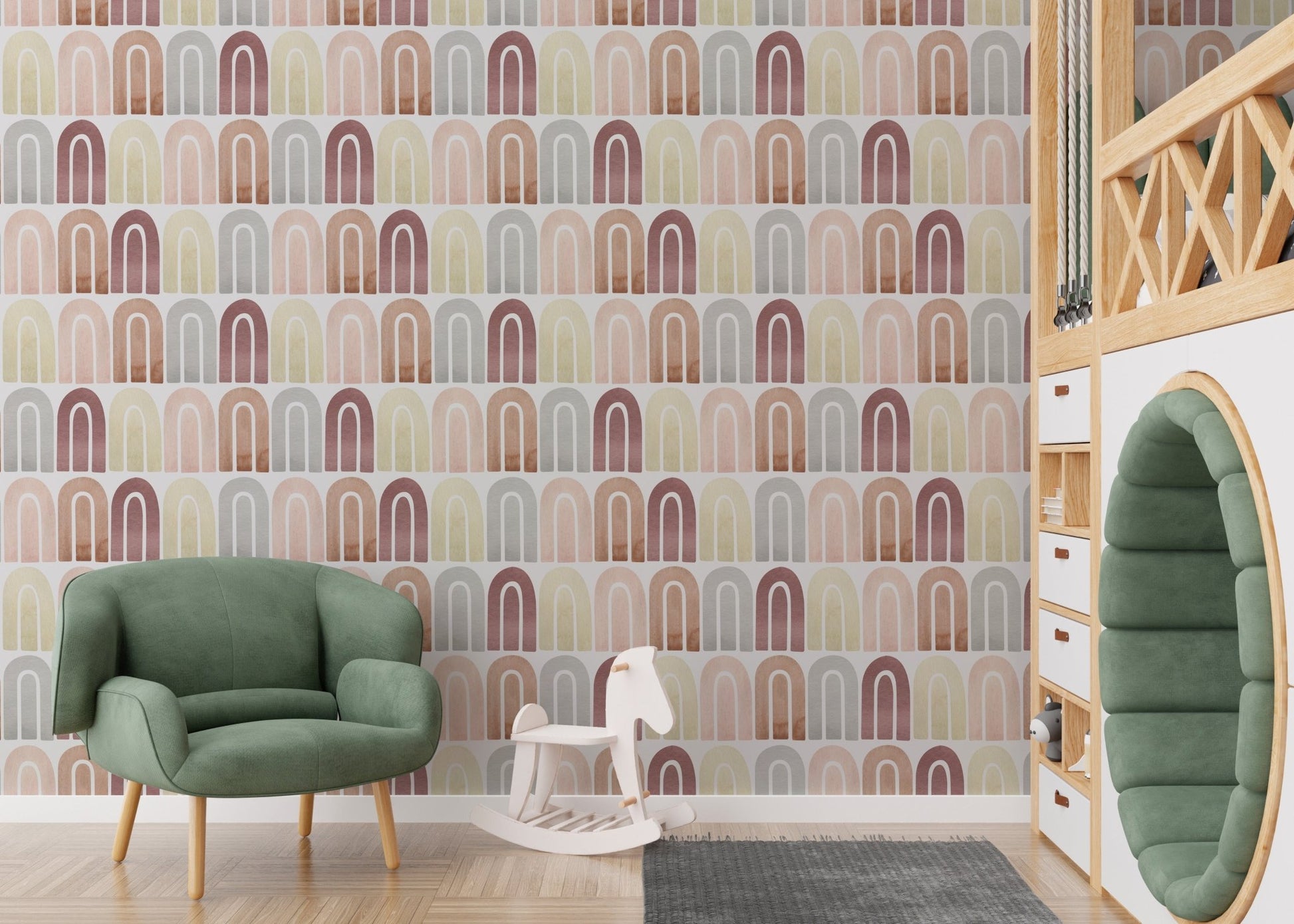 Soft color arch wallpaper for a children's feature wall
