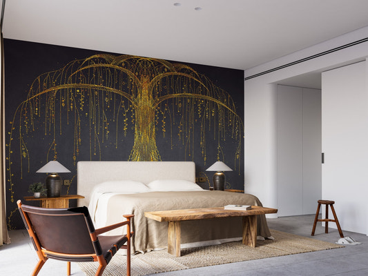 Golden willow tree wall mural in a minimalist bedroom with a wooden bench.