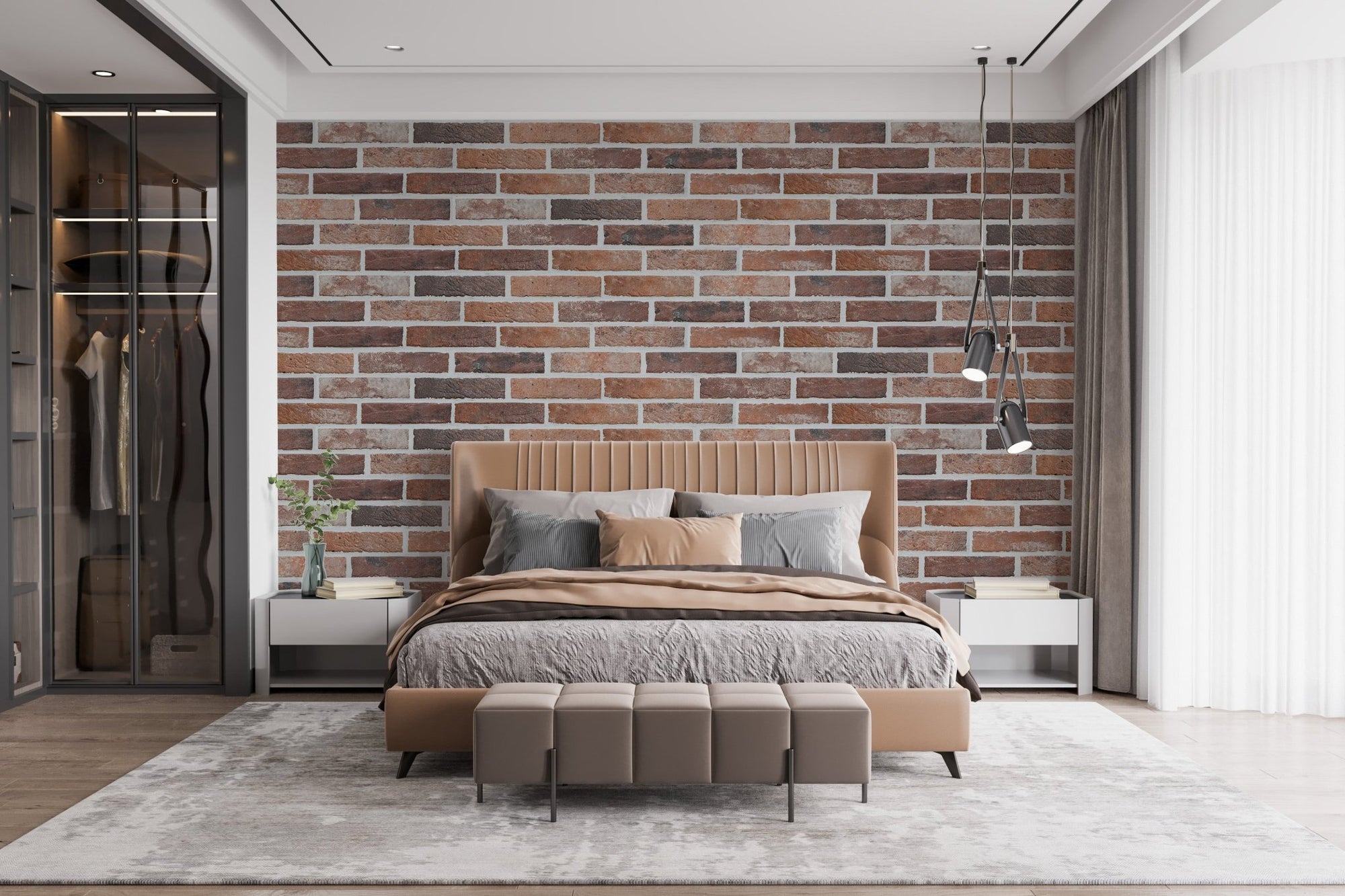 Bedroom with Removable Antique Brick Wall Murals and wooden bed frame.