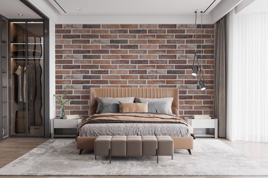Bedroom with Removable Antique Brick Wall Murals and wooden bed frame.
