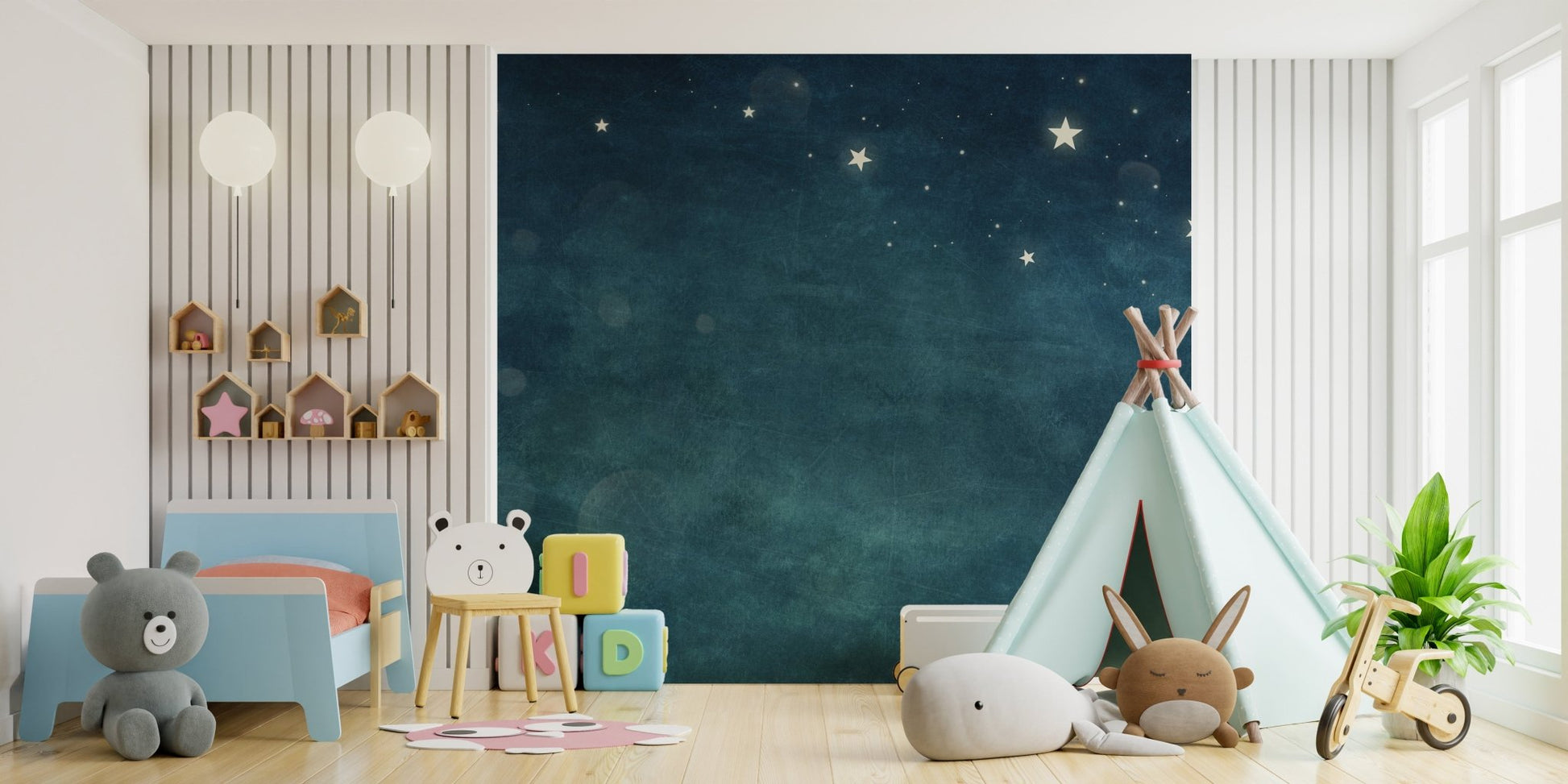 Modern bedroom wall mural displaying a soft glowing galaxy night sky pattern