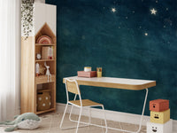 Starry galaxy wallpaper mural adding depth to a small study room.