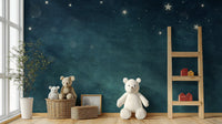 Starry space theme wallpaper mural in a playroom