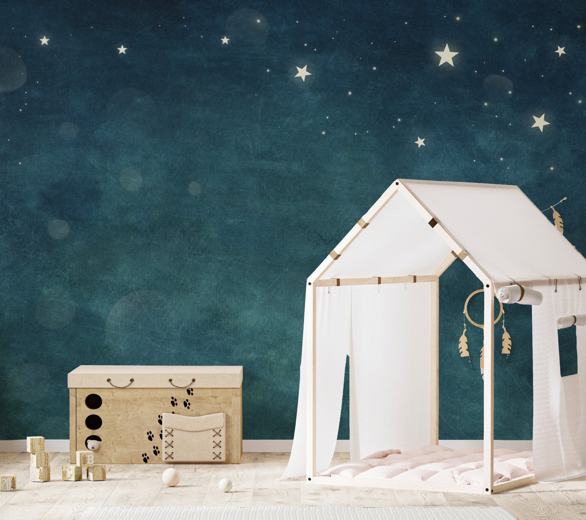 Night sky bliss wall mural with glowing stars in a minimalist child bedroom