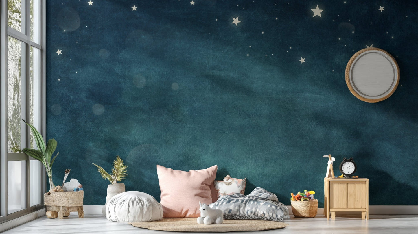 Removable Blue Nebula Bliss mural behind a child’s activity table setup