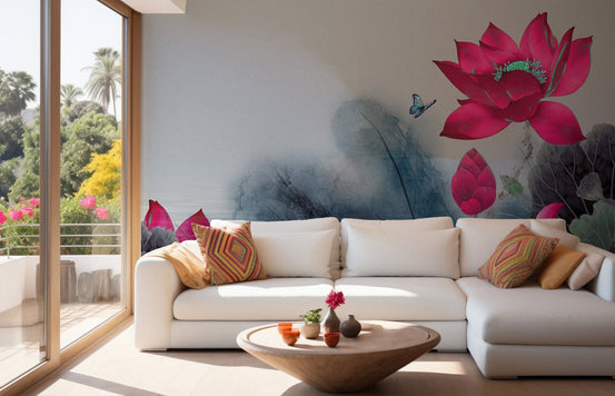 Modern living room featuring a pink lotus flower wall mural behind a white sectional sofa.