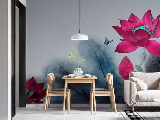 Compact dining space with a small wooden table and pink lotus wall mural for accent.