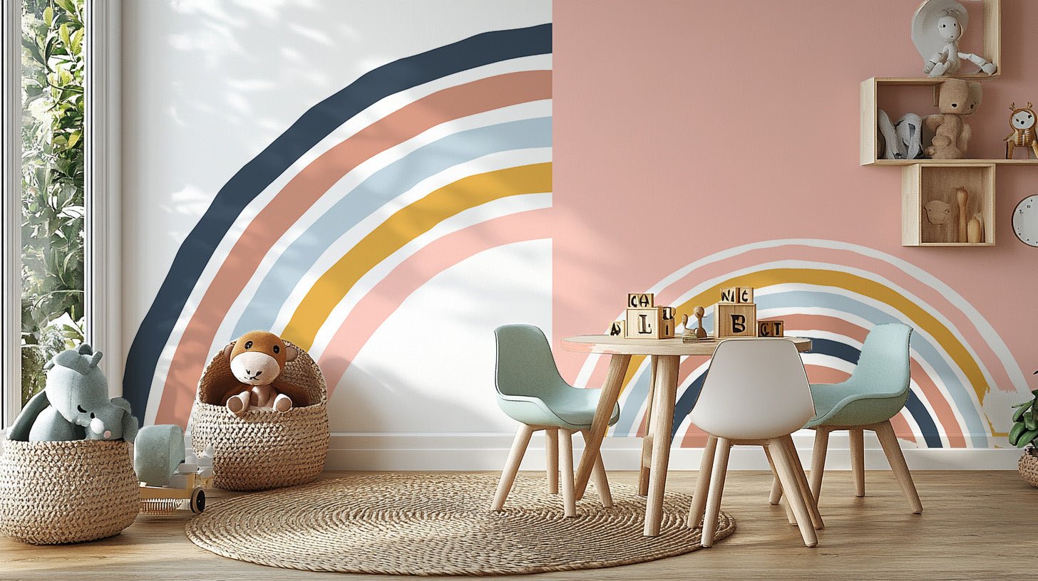 Removable multicolor strips wall mural in a kids play area with wooden toys.