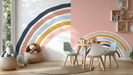 Removable multicolor strips wall mural in a kids play area with wooden toys.
