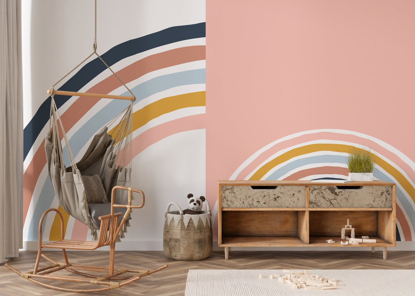 Toddler bedroom with multicolor strips wall mural and a wooden rocking chair.
