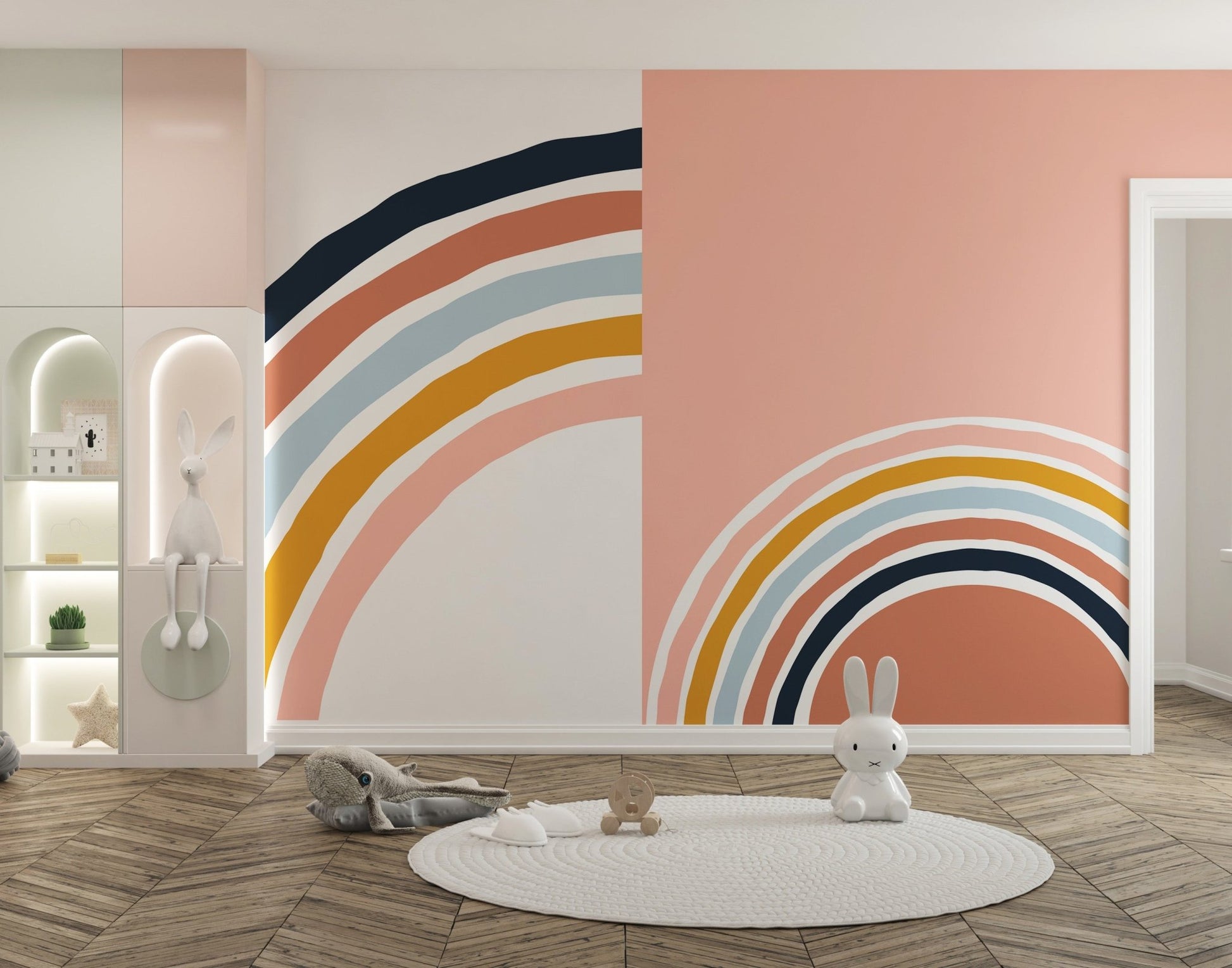 Playroom wall mural with rainbow strips and a circular white rug on wood flooring.