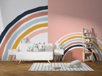 Arched rainbow strips wall mural featuring navy and terracotta tones in a nursery.