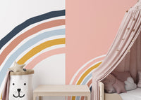 Kids bedroom featuring removable multicolor strips wall mural and a pink bed canopy.