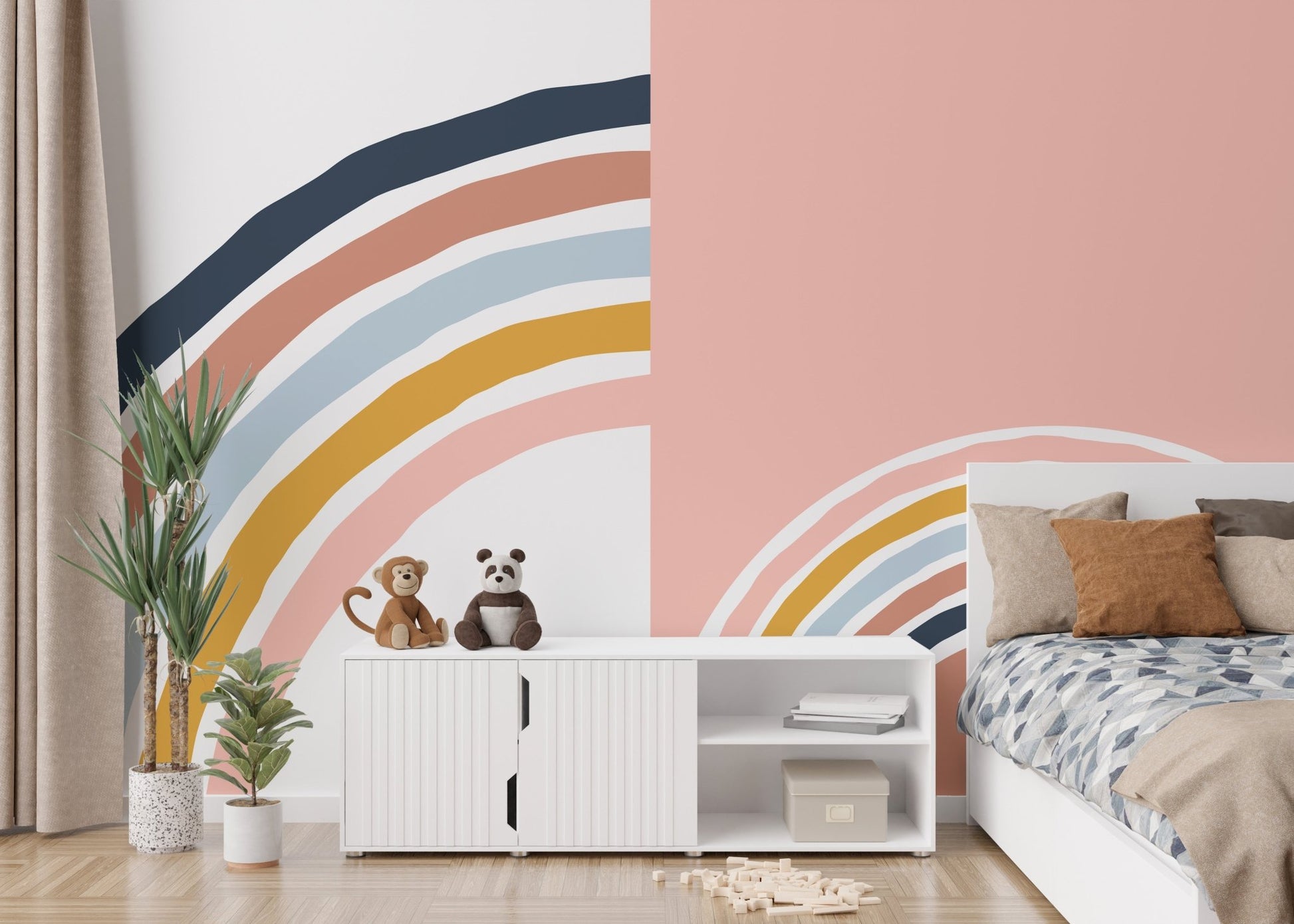 Modern bedroom with white storage cabinet and rainbow strips wall mural.