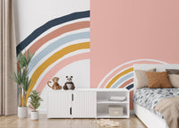 Modern bedroom with white storage cabinet and rainbow strips wall mural.