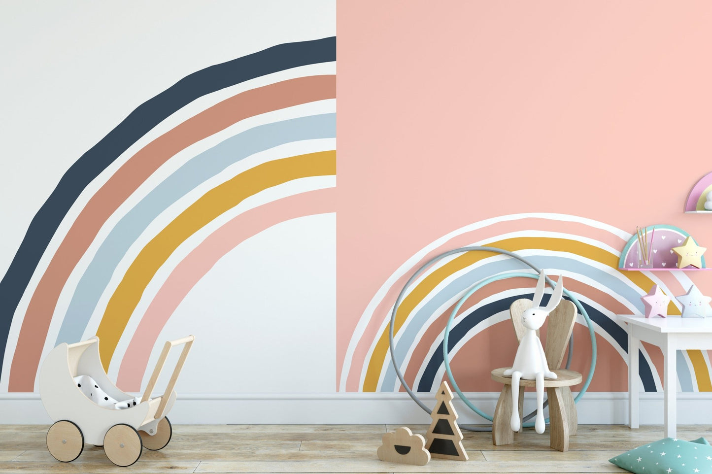 Playroom decor featuring rainbow strips wall murals and mint chairs.
