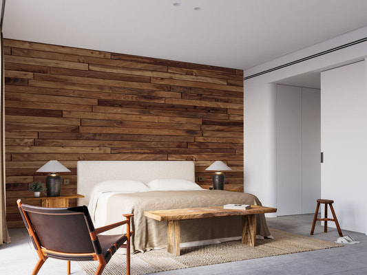 Modern bedroom with pine timber striped wallpaper on the accent wall.