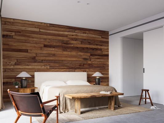 Modern bedroom with pine timber striped wallpaper on the accent wall.