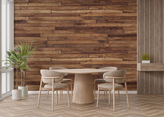 Dining area featuring a rustic wood textured wall mural behind the table.