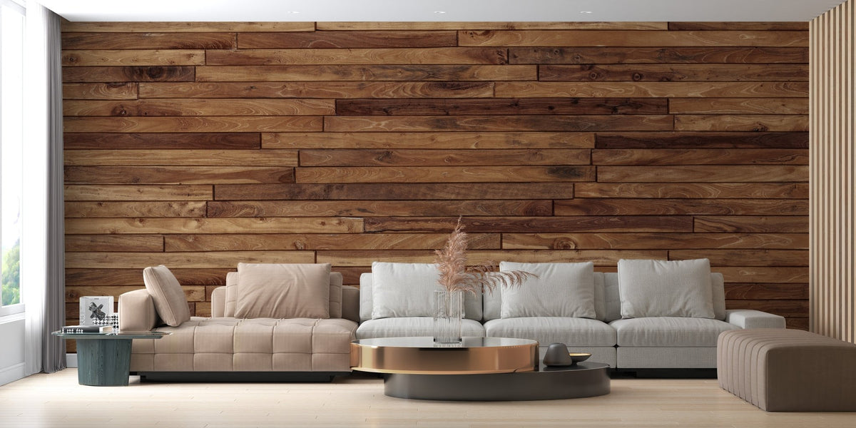 Bright living area with a pine timber effect wallpaper mural design.