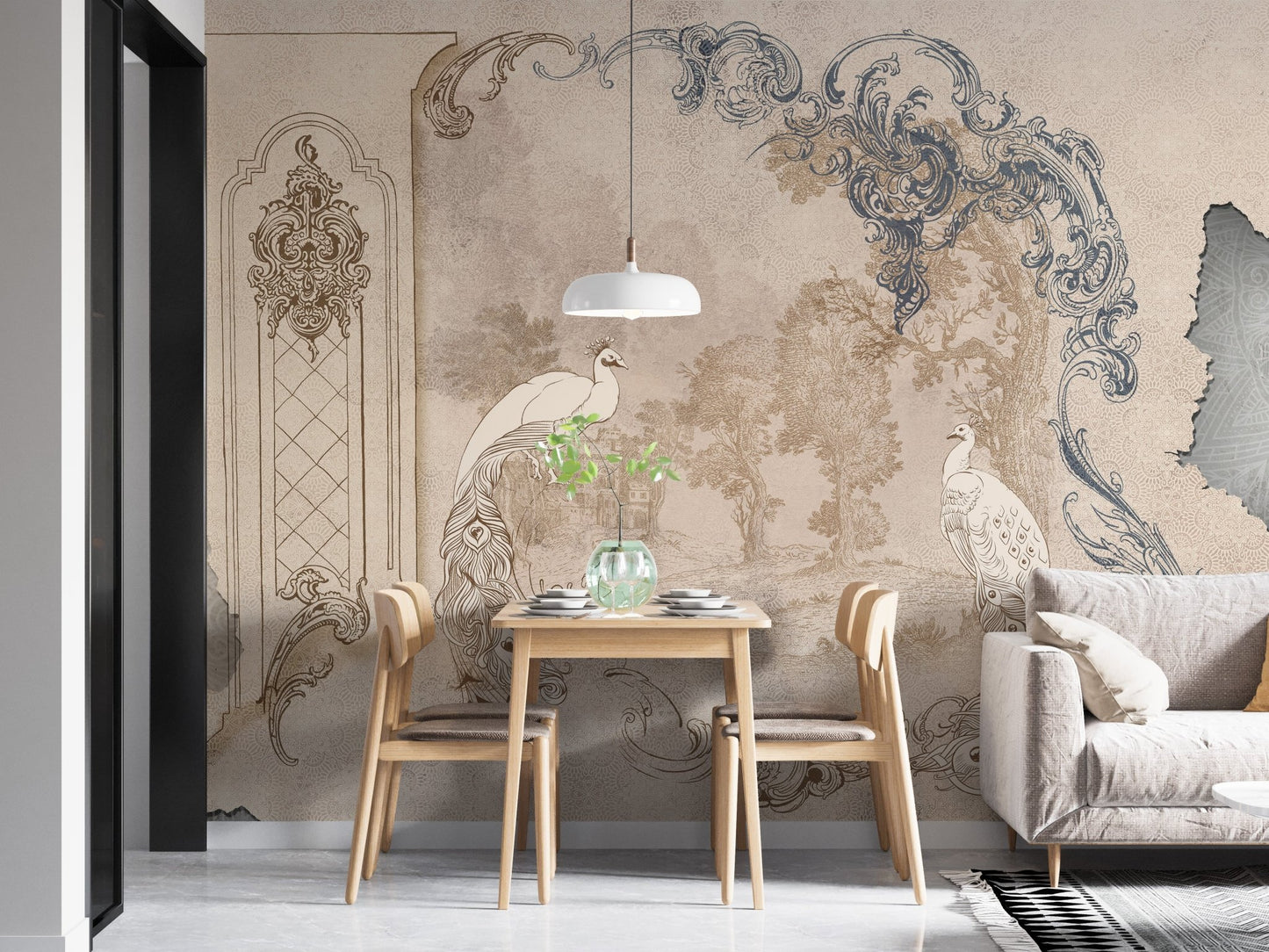 Light-toned dining area with neutral tropical floral wall mural installation.