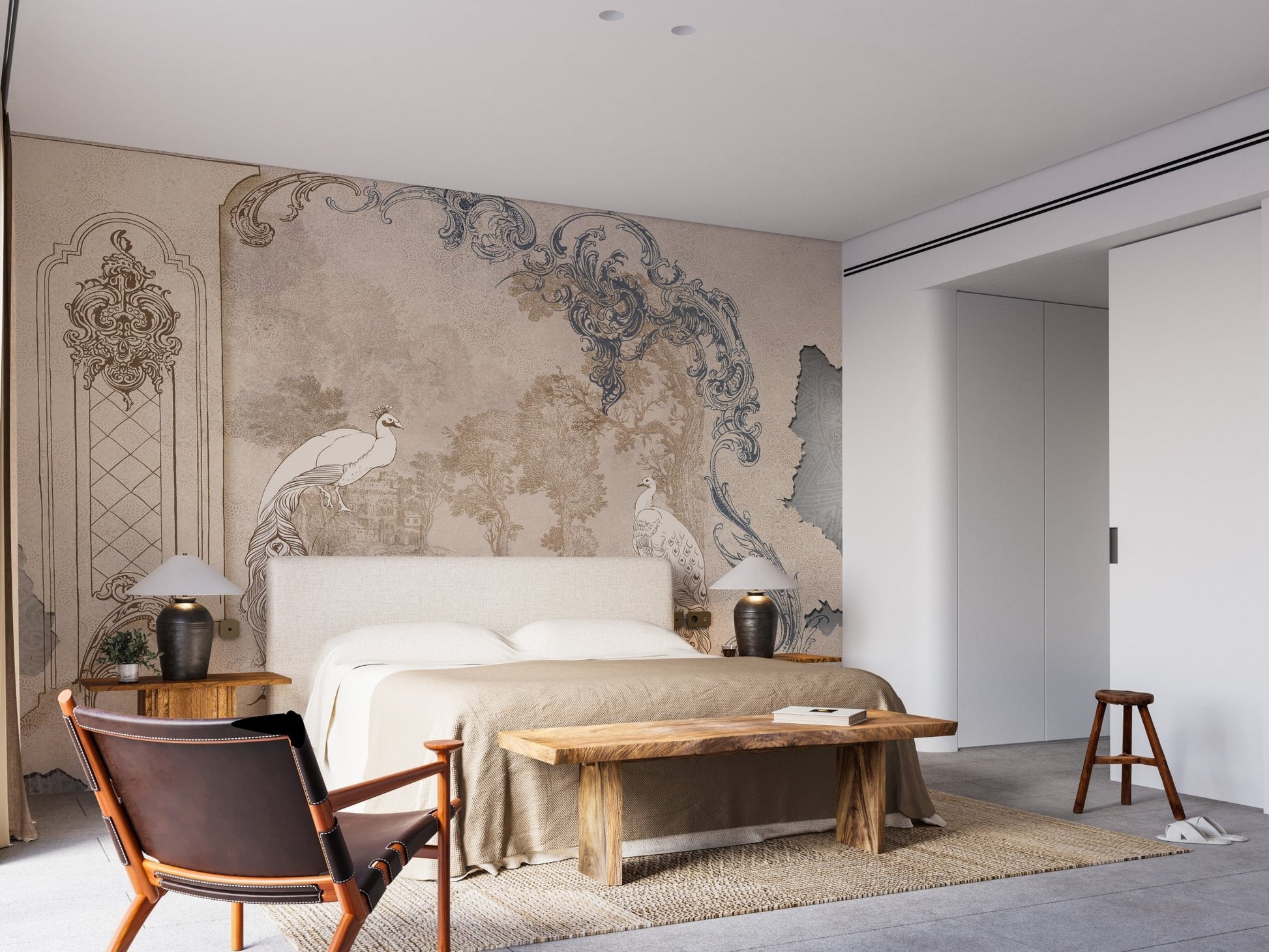 Modern bedroom interior with botanical patterned concrete wall mural design.