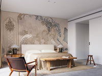 Modern bedroom interior with botanical patterned concrete wall mural design.