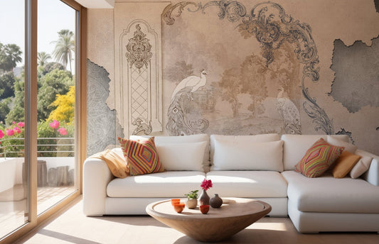 Neutral color palette living room with botanical concrete wall mural accents.