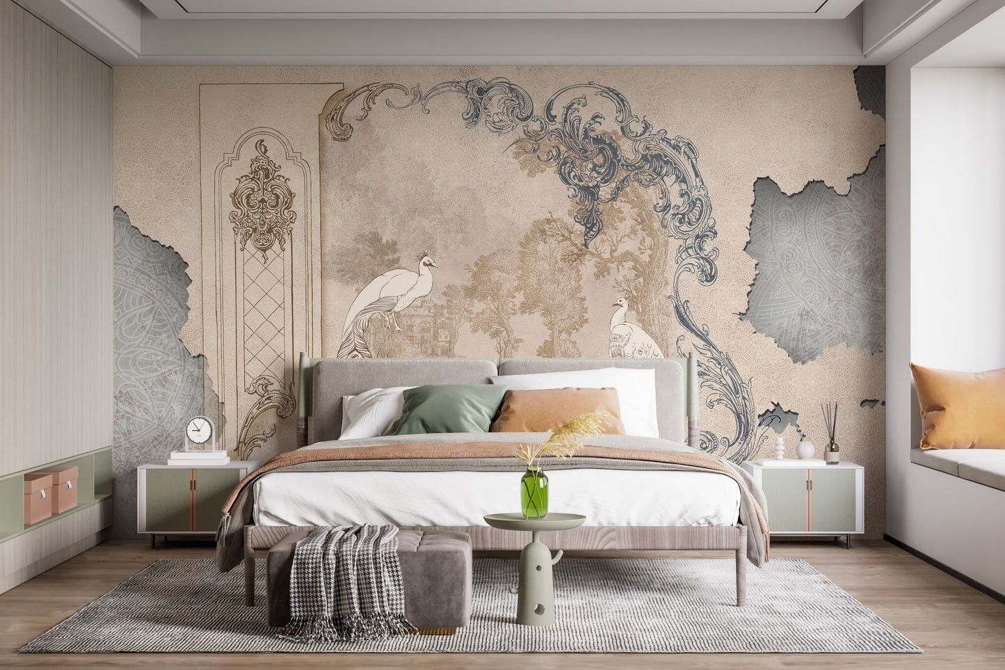 Minimalist bedroom design with Removable Tropical Concrete Bliss wall mural.
