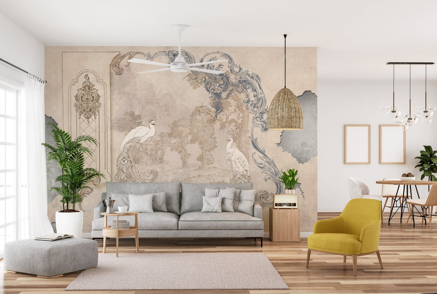 Contemporary living room with soft beige floral wall mural backdrop.