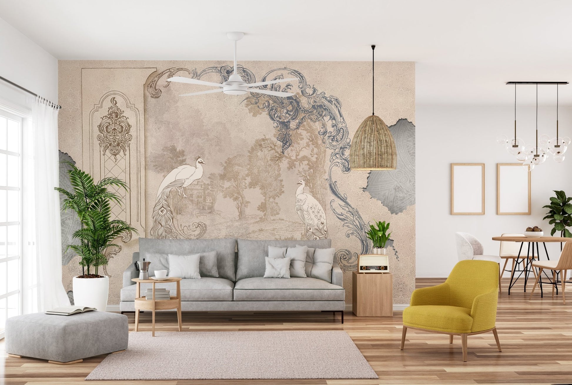 Contemporary living room with soft beige floral wall mural backdrop.