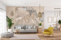 Contemporary living room with soft beige floral wall mural backdrop.