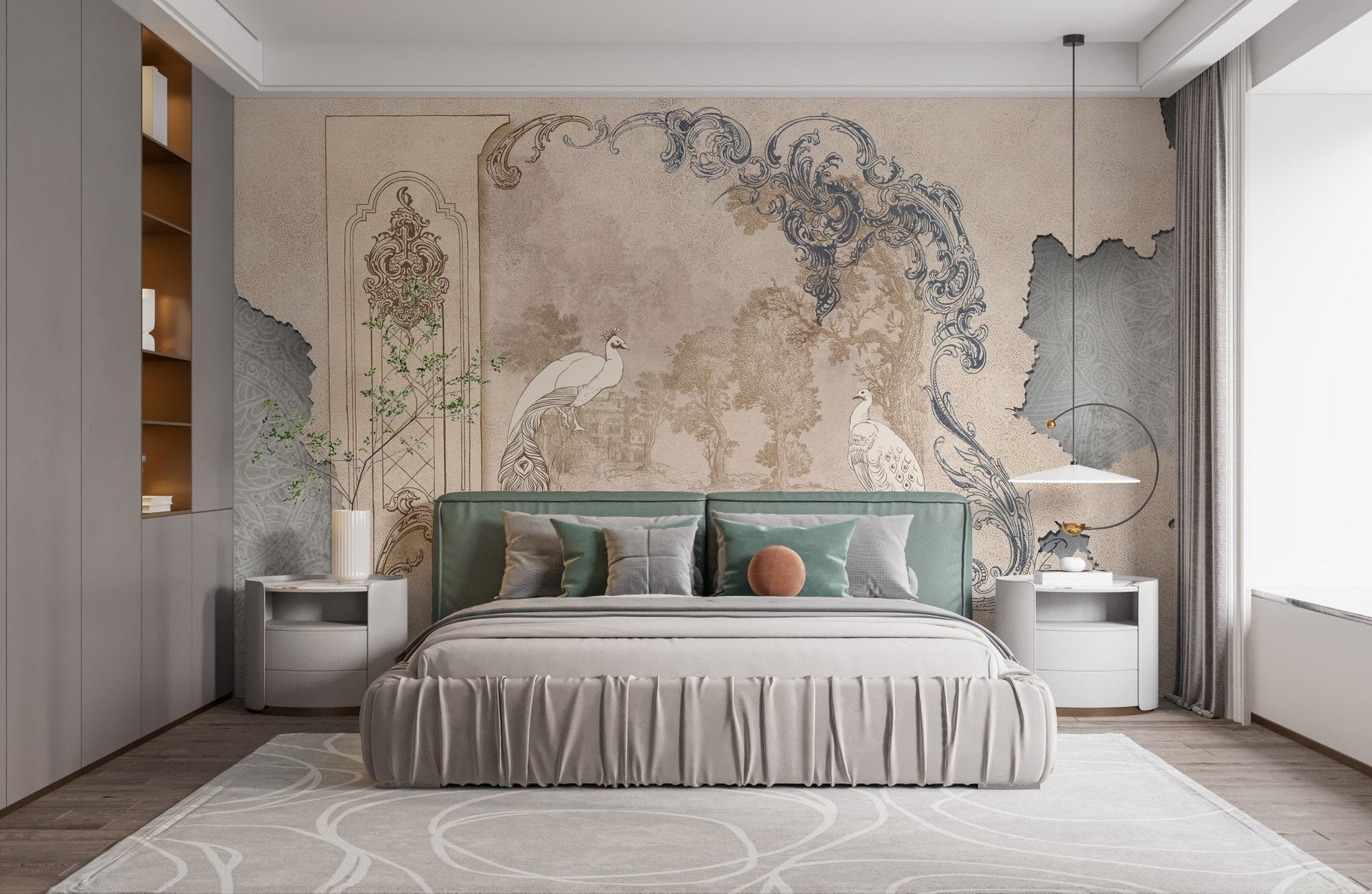 Relaxed bedroom atmosphere using Removable Tropical Concrete Bliss wall mural.