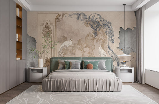 Relaxed bedroom atmosphere using Removable Tropical Concrete Bliss wall mural.