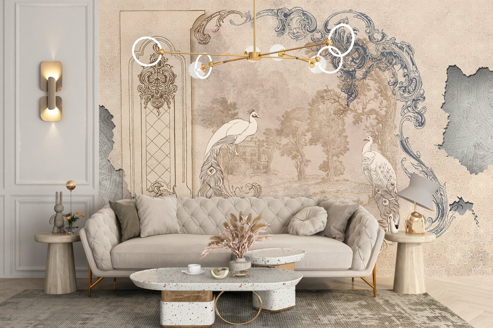 Beige living room featuring Removable Tropical Concrete Bliss wall mural decor.