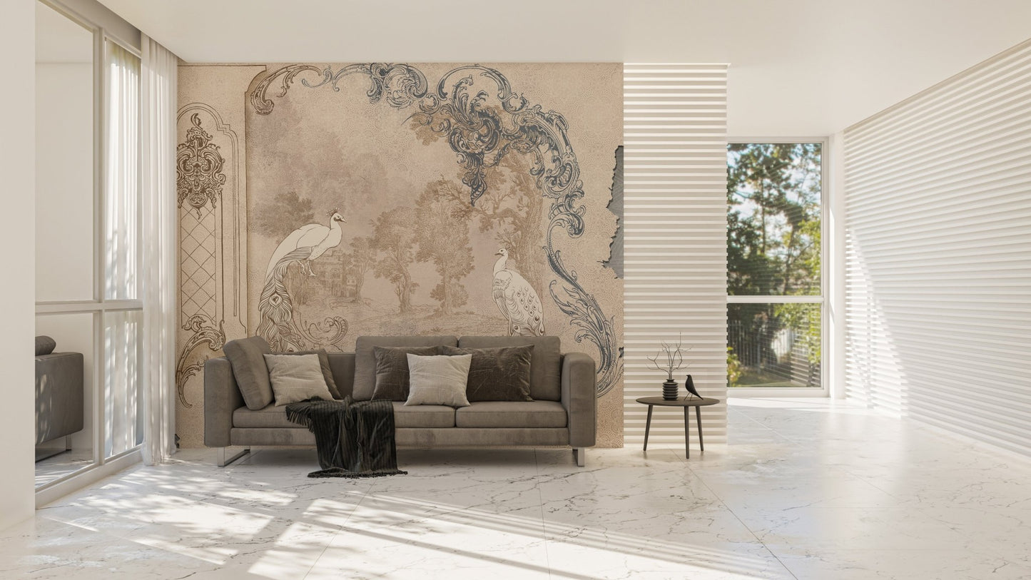 Open plan living area with subtle tropical leaf wallpaper mural features.