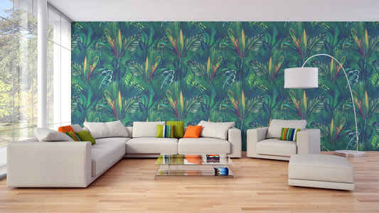 Large white sofa set against green tropical leaf wallpaper for living area.