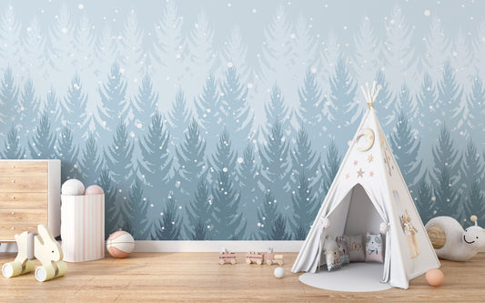 Kids playroom with teepee and blue tropical winter forest wall mural background