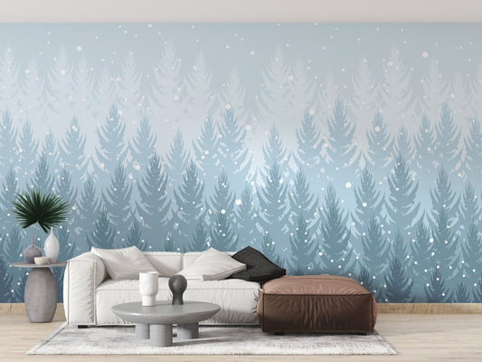 Modern living room styled with removable tropical winter forest wall mural